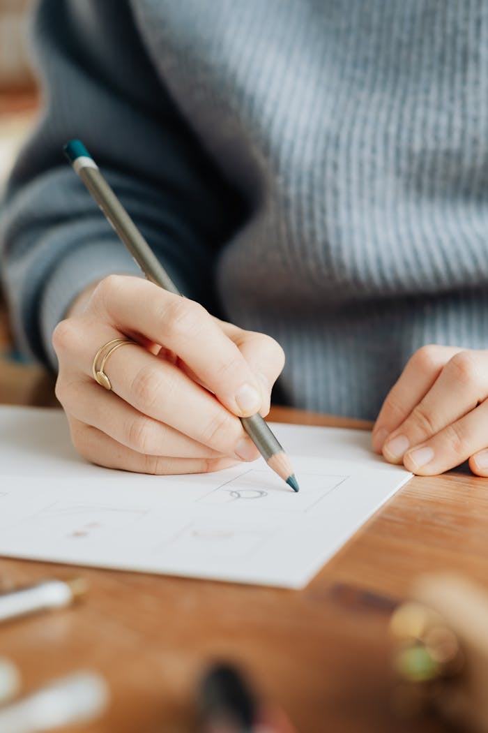 Crop unrecognizable female designer drawing on paper in office